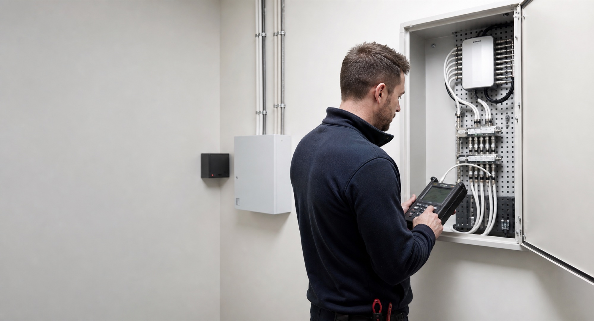 Installer testing an organised communal television distribution cabinet
