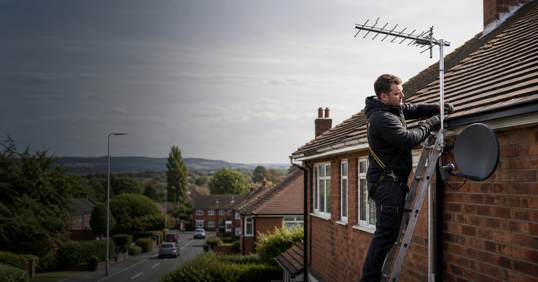 Professional MC Aerials installer working on a UK property