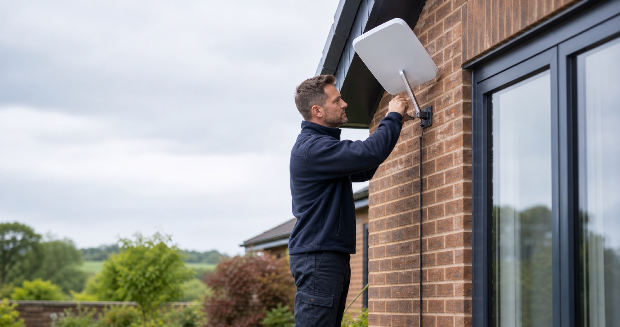 Installer securely mounting a satellite broadband dish to a brick home