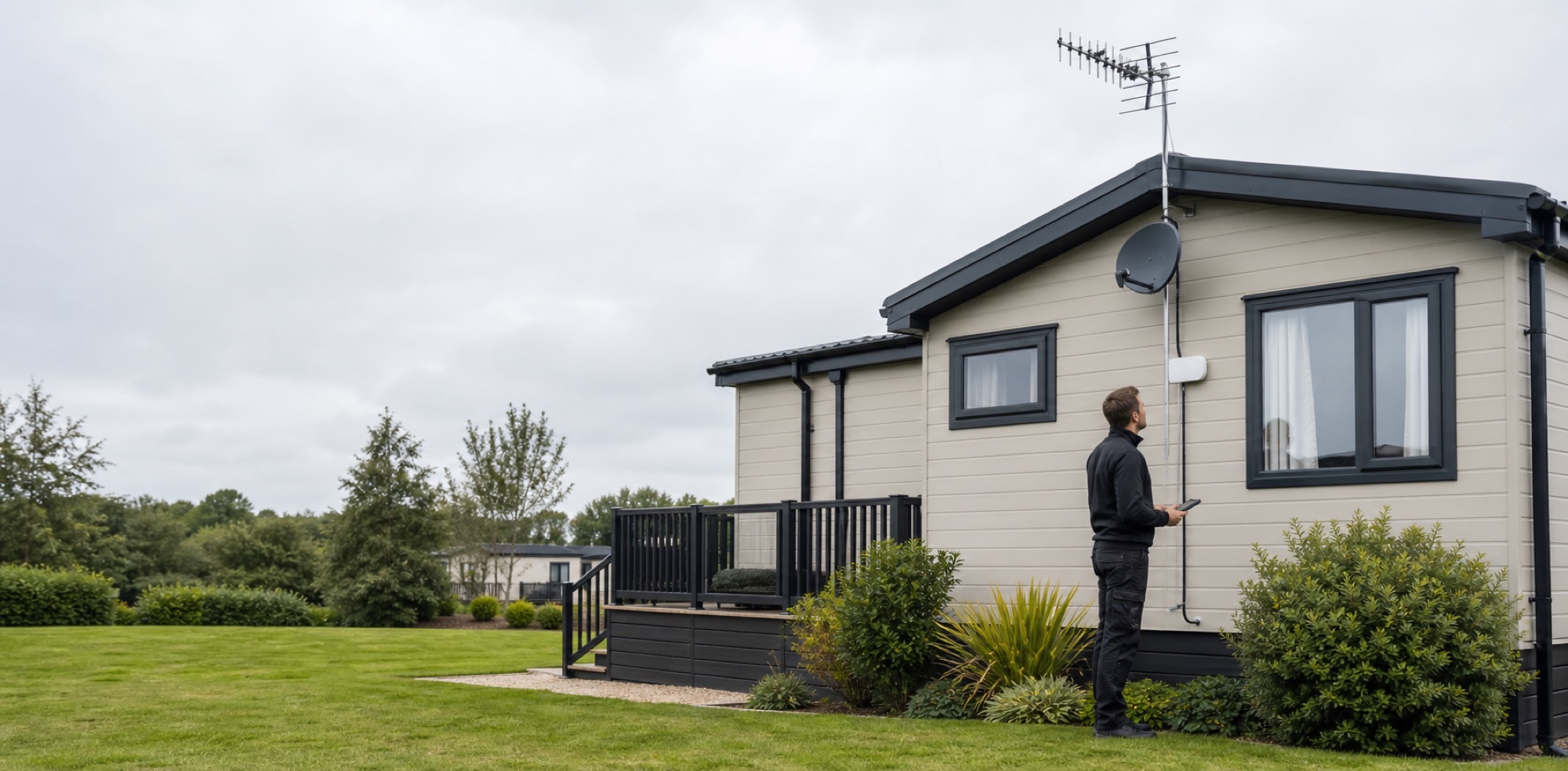 Static caravan with professionally fitted television aerial, satellite dish and internet equipment