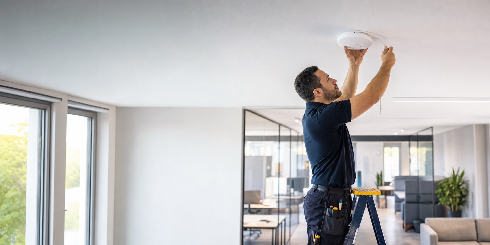 Installer fitting a wireless access point to an office ceiling